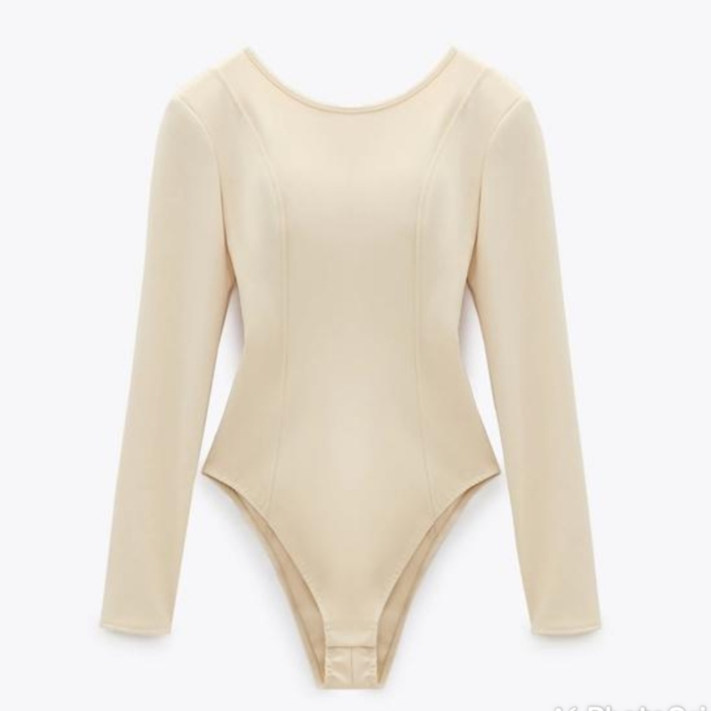 NEW ZARA faux leather look nude open back long sleeve bodysuit size small - Picture 13 of 16